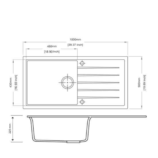 AQUAPERLA CARYSIL SINGLE BOWL WITH DRAINER BOARD GRANITE KITCHEN SINK BLACK 1000MM