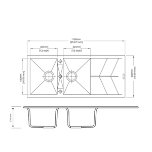 AQUAPERLA  DOUBLE BOWL GRANITE DRAINBOARD KITCHEN SINK BLACK 1160MM