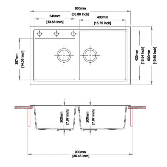 CARYSIL  DOUBLE BOWL GRANITE KITCHEN SINK BLACK 860MM