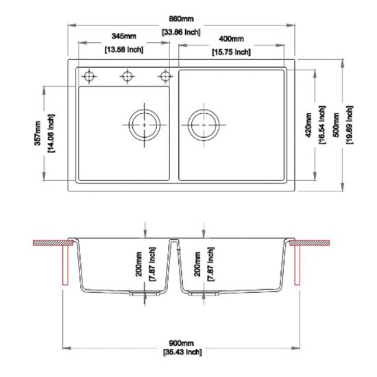 AQUAPERLA CARYSIL DOUBLE BOWL GRANITE KITCHEN SINK BLACK 860MM