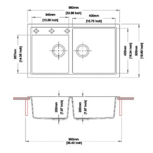 AQUAPERLA  DOUBLE BOWL GRANITE KITCHEN SINK CONCRETE GREY 860MM