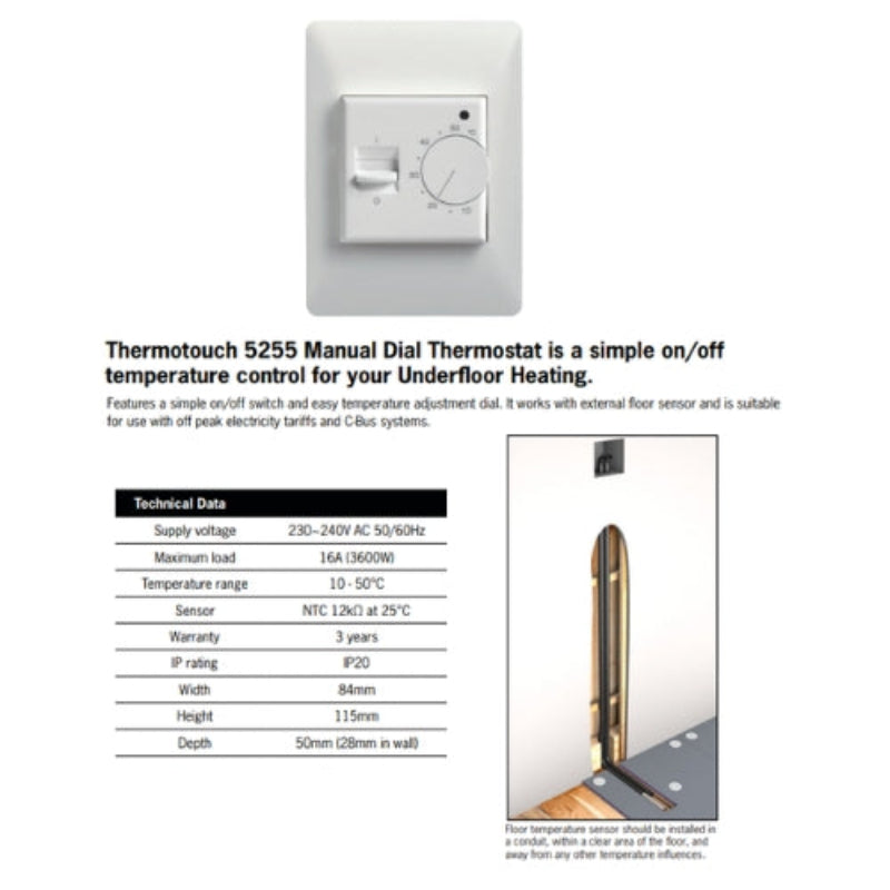 THERMOGROUP THERMOTOUCH MANUAL THERMOSTAT WHITE 115MM