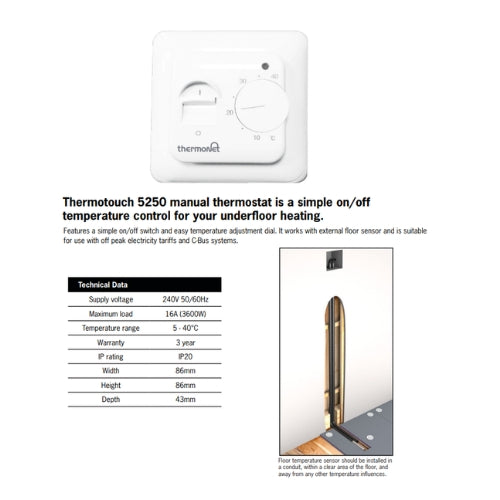 THERMOGROUP THERMOTOUCH MANUAL THERMOSTAT WHITE