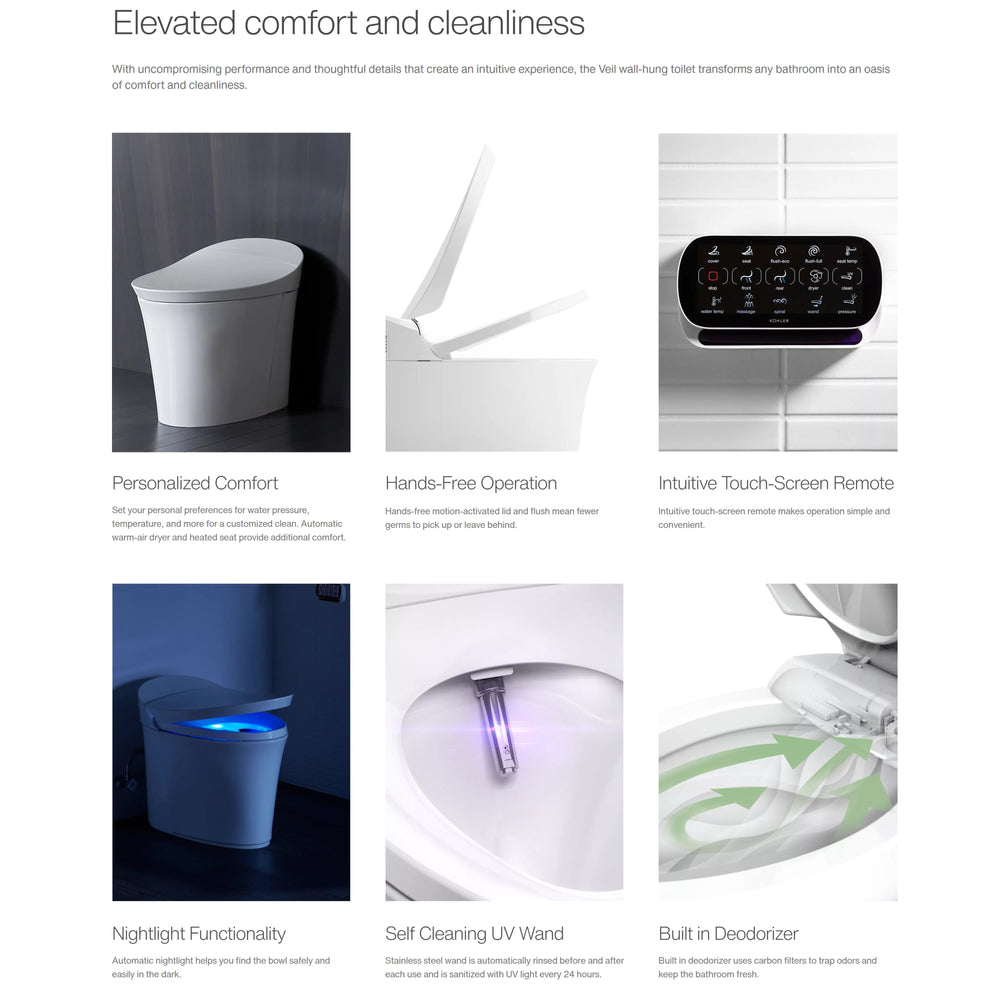 KOHLER VEIL INTELLIGENT RIMLESS WALL FACED TOILET W/ BLUETOOTH REMOTE BIDET PACKAGE ELONGATED GLOSS WHITE
