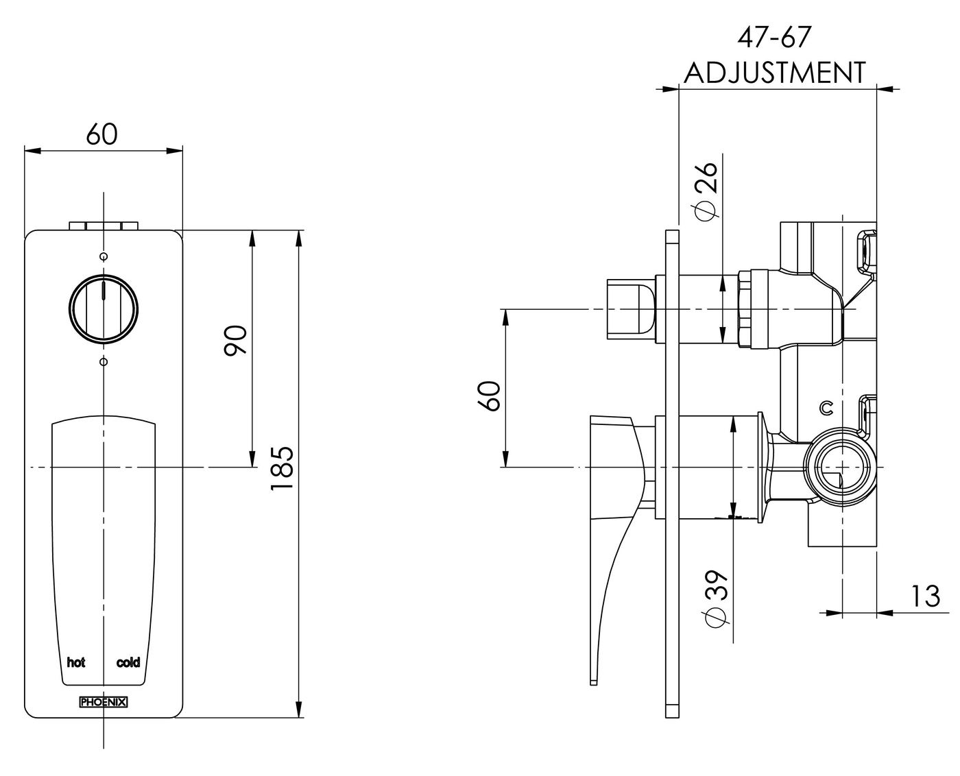 PHOENIX AGRO SHOWER / BATH DIVERTER MIXER CHROME