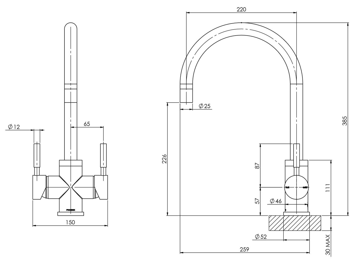 PHOENIX VIVID FILTERED SINK MIXER 220MM GOOSENECK CHROME