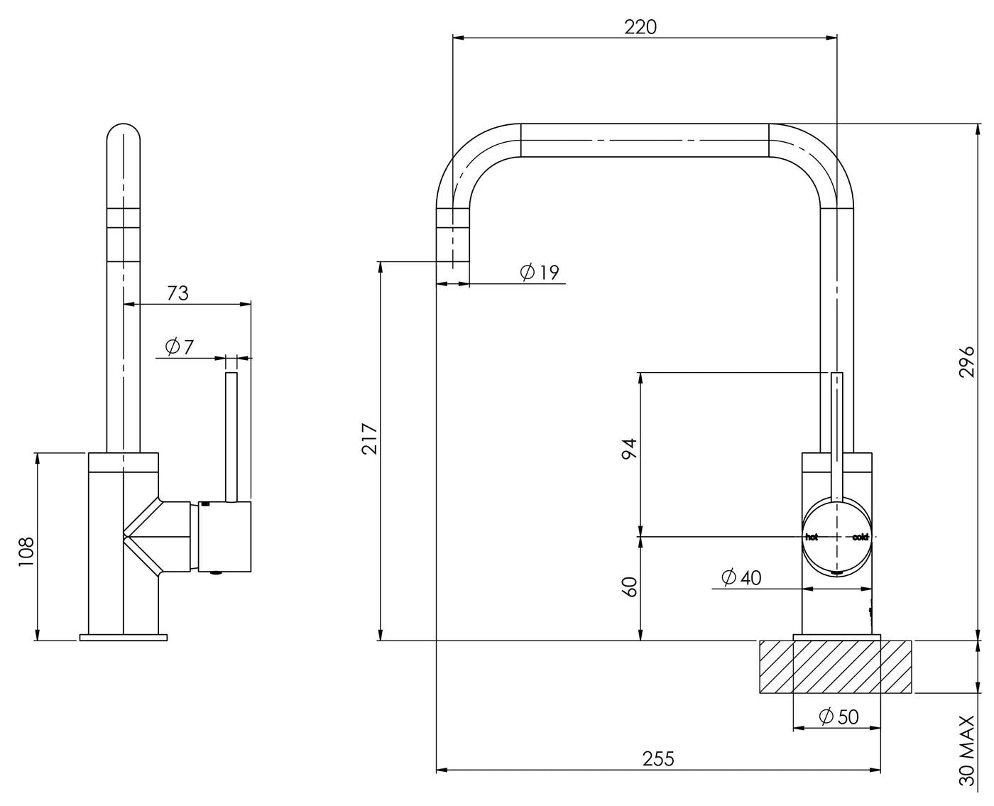 PHOENIX VIVID SLIMLINE SINK MIXER 220MM SQUARELINE MATTE BLACK