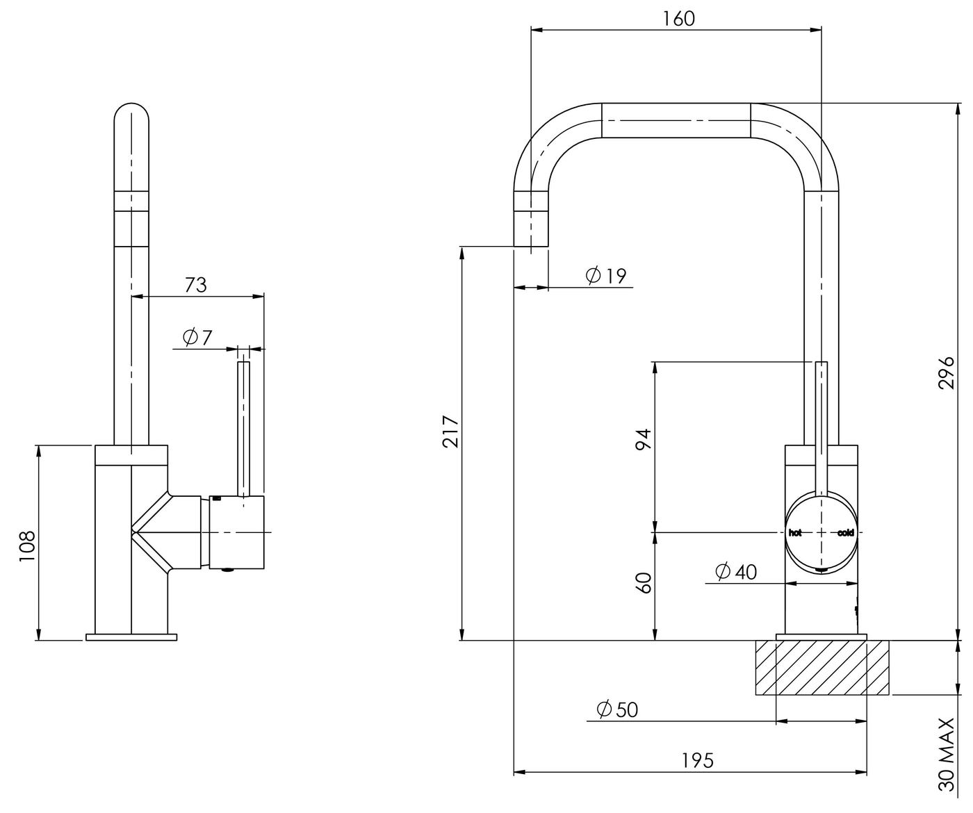 PHOENIX VIVID SLIMLINE SINK MIXER 160MM SQUARELINE MATTE BLACK