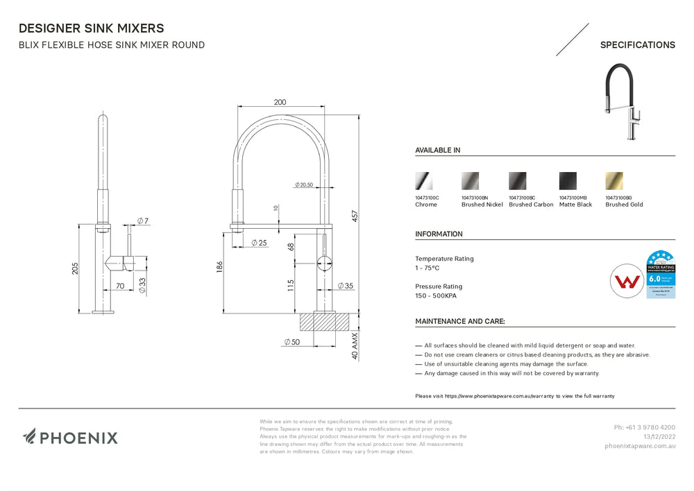 PHOENIX BLIX FLEXIBLE HOSE SINK MIXER 447MM CHROME