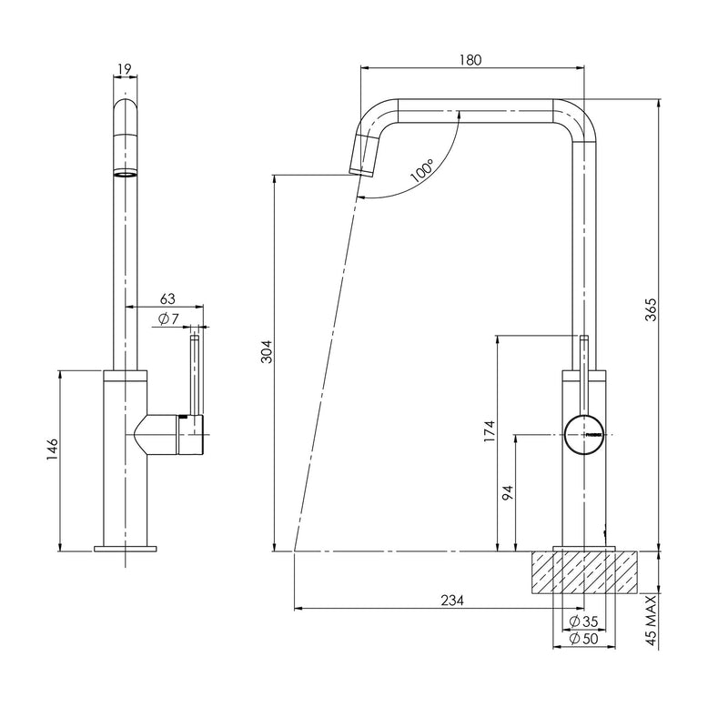PHOENIX TOI SINK MIXER 180MM SQUARELINE CHROME AND MATTE BLACK