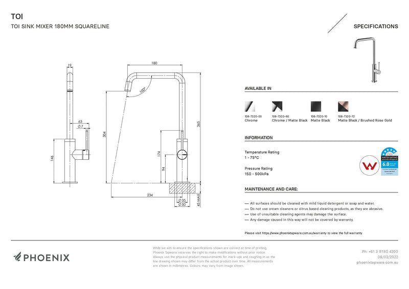 PHOENIX TOI SINK MIXER 180MM SQUARELINE CHROME AND MATTE BLACK