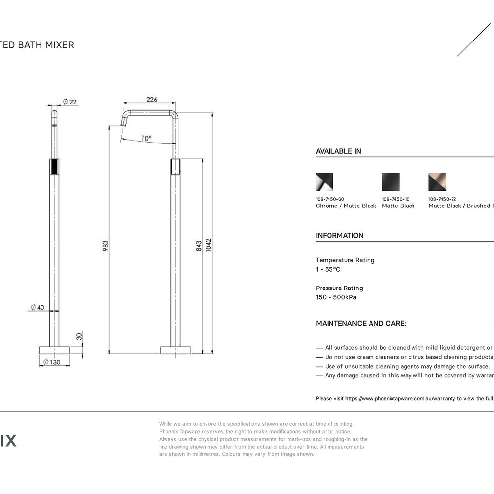 PHOENIX TOI FLOOR MOUNTED BATH MIXER 1042MM MATTE BLACK