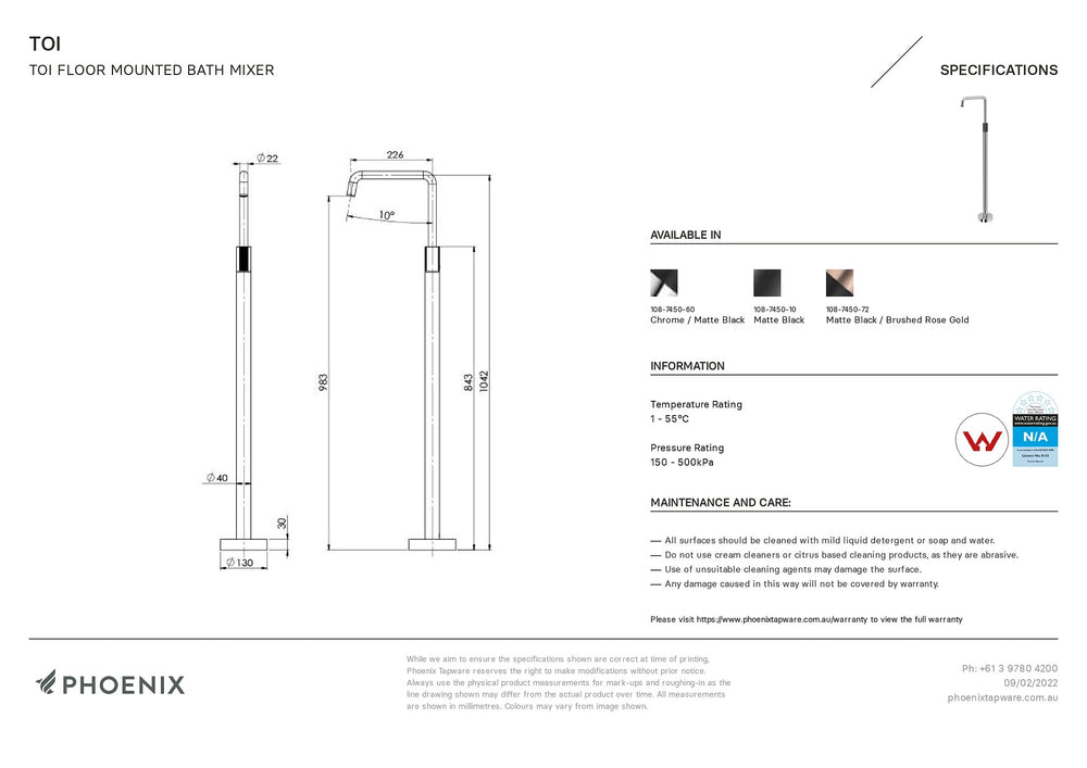 PHOENIX TOI FLOOR MOUNTED BATH MIXER 1042MM MATTE BLACK