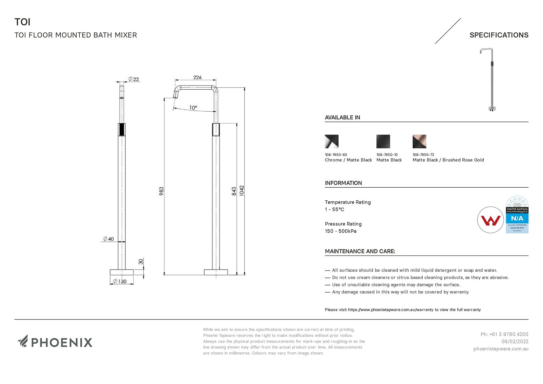 PHOENIX TOI FLOOR MOUNTED BATH MIXER CHROME AND MATTE BLACK