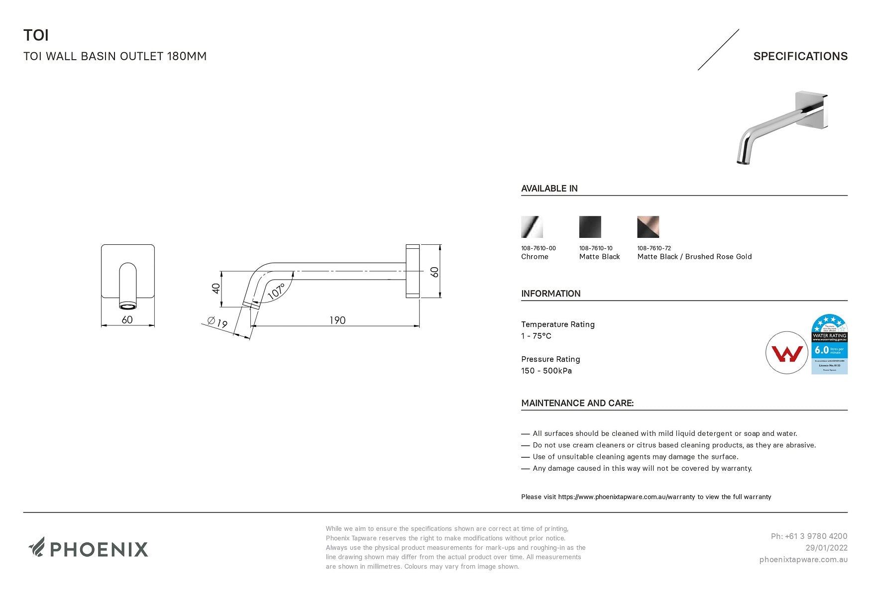 PHOENIX TOI WALL BASIN OUTLET 180MM CHROME