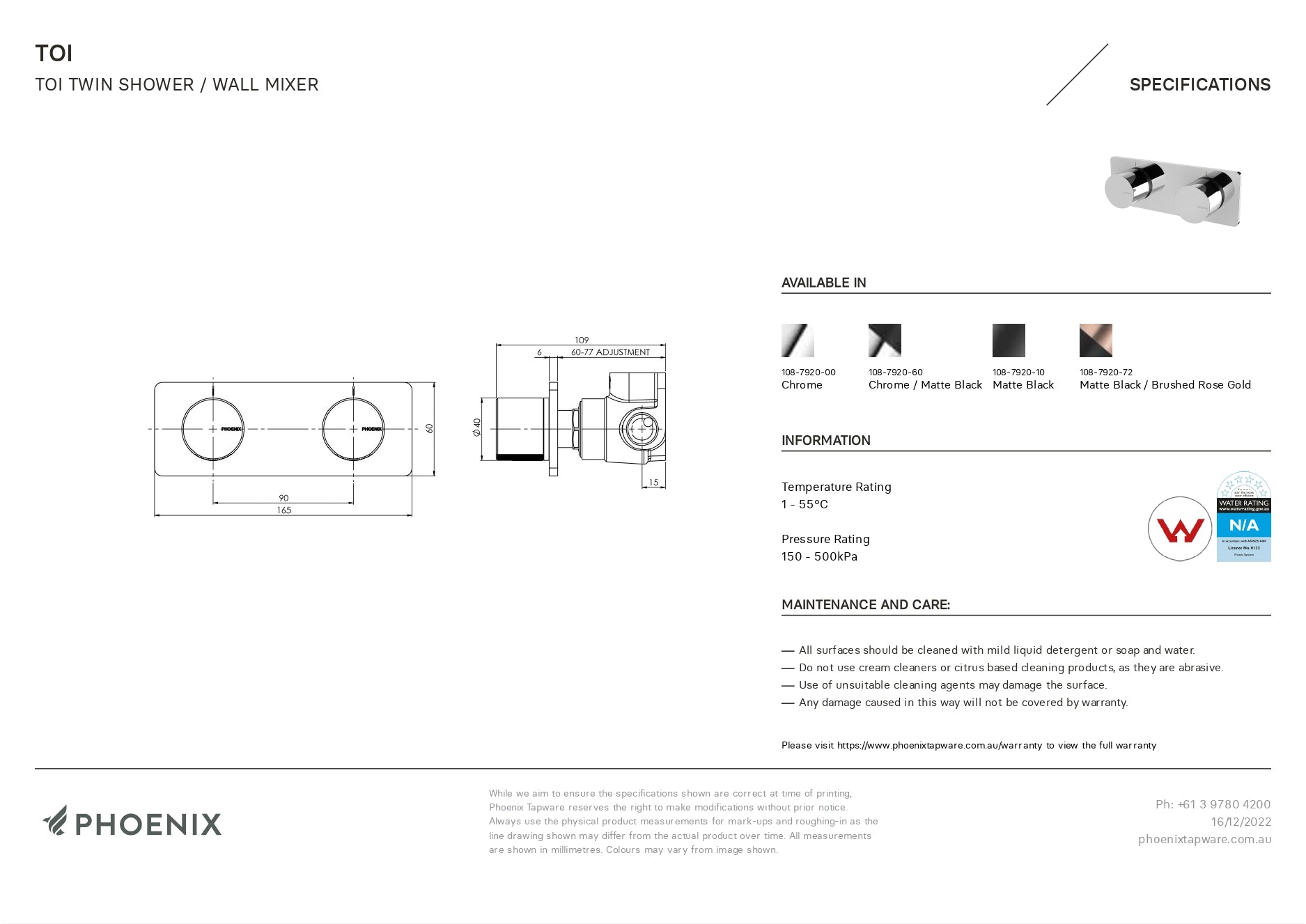 PHOENIX TOI TWIN SHOWER / WALL MIXER 165MM MATTE BLACK AND BRUSHED ROSE GOLD