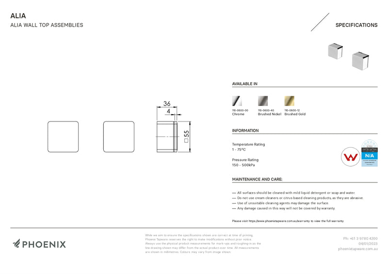 PHOENIX ALIA WALL TOP ASSEMBLIES BRUSHED NICKEL