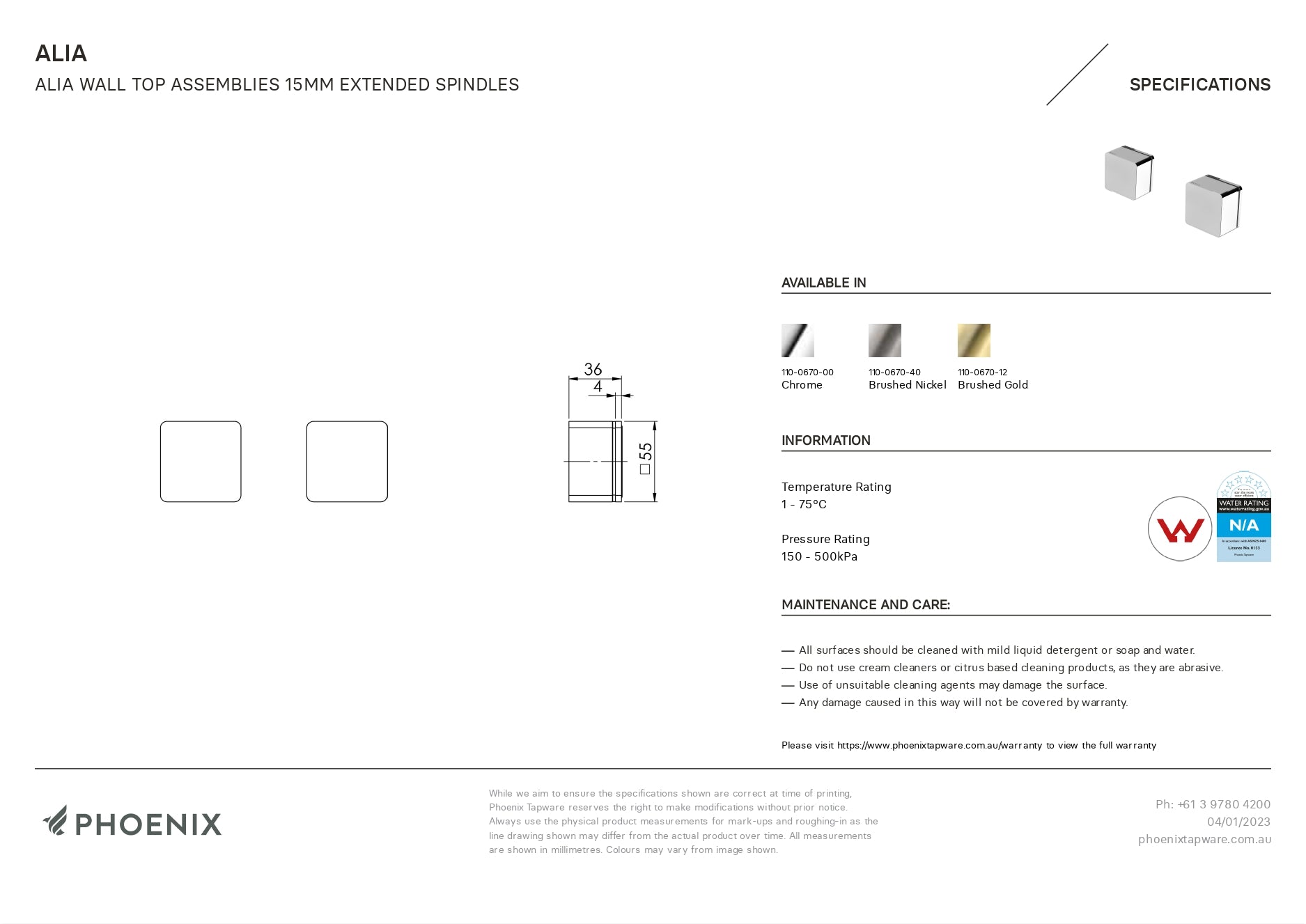 PHOENIX ALIA WALL TOP ASSEMBLIES 15MM EXTENDED SPINDLES CHROME