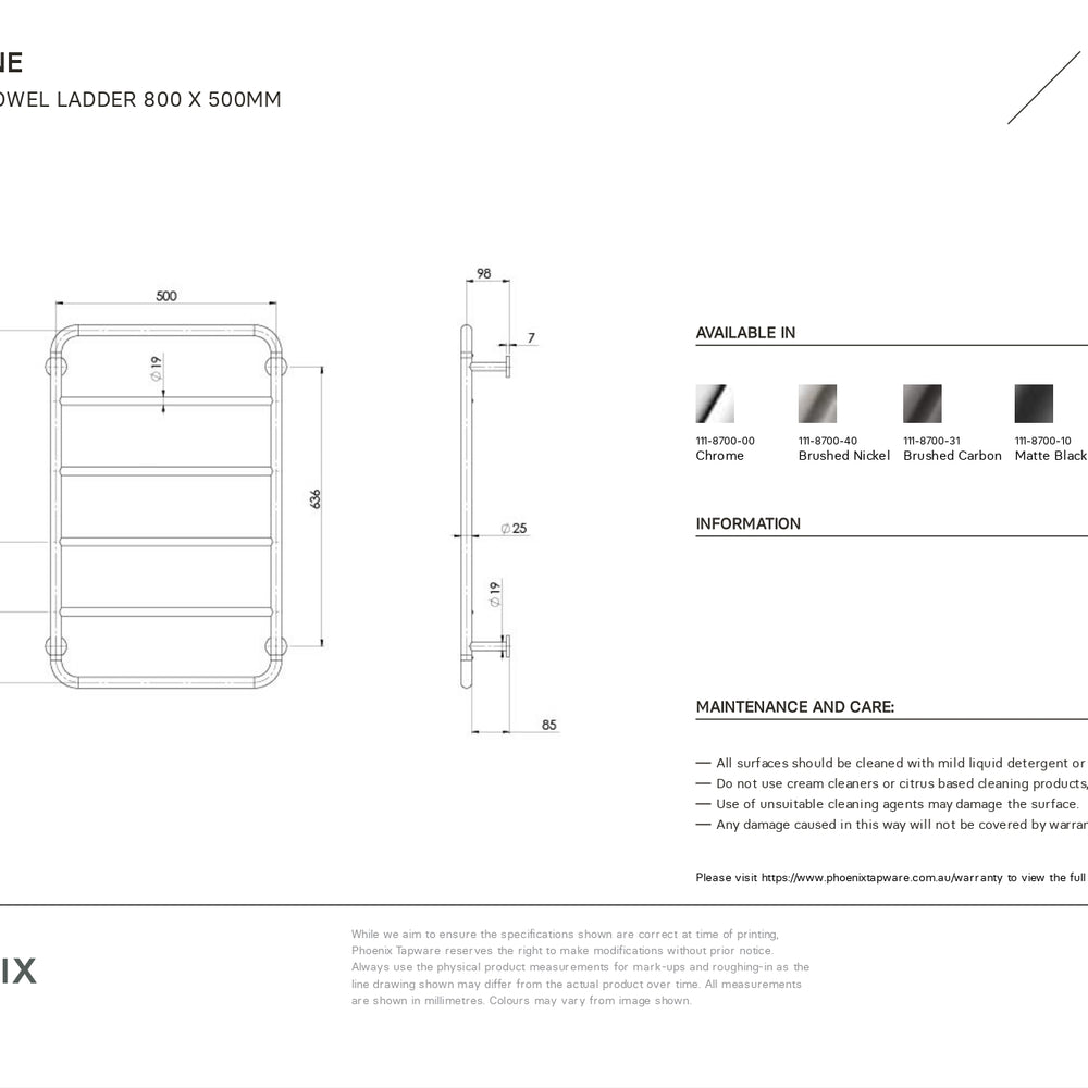 PHOENIX VIVID SLIMLINE NON-HEATED TOWEL LADDER CHROME 500MM