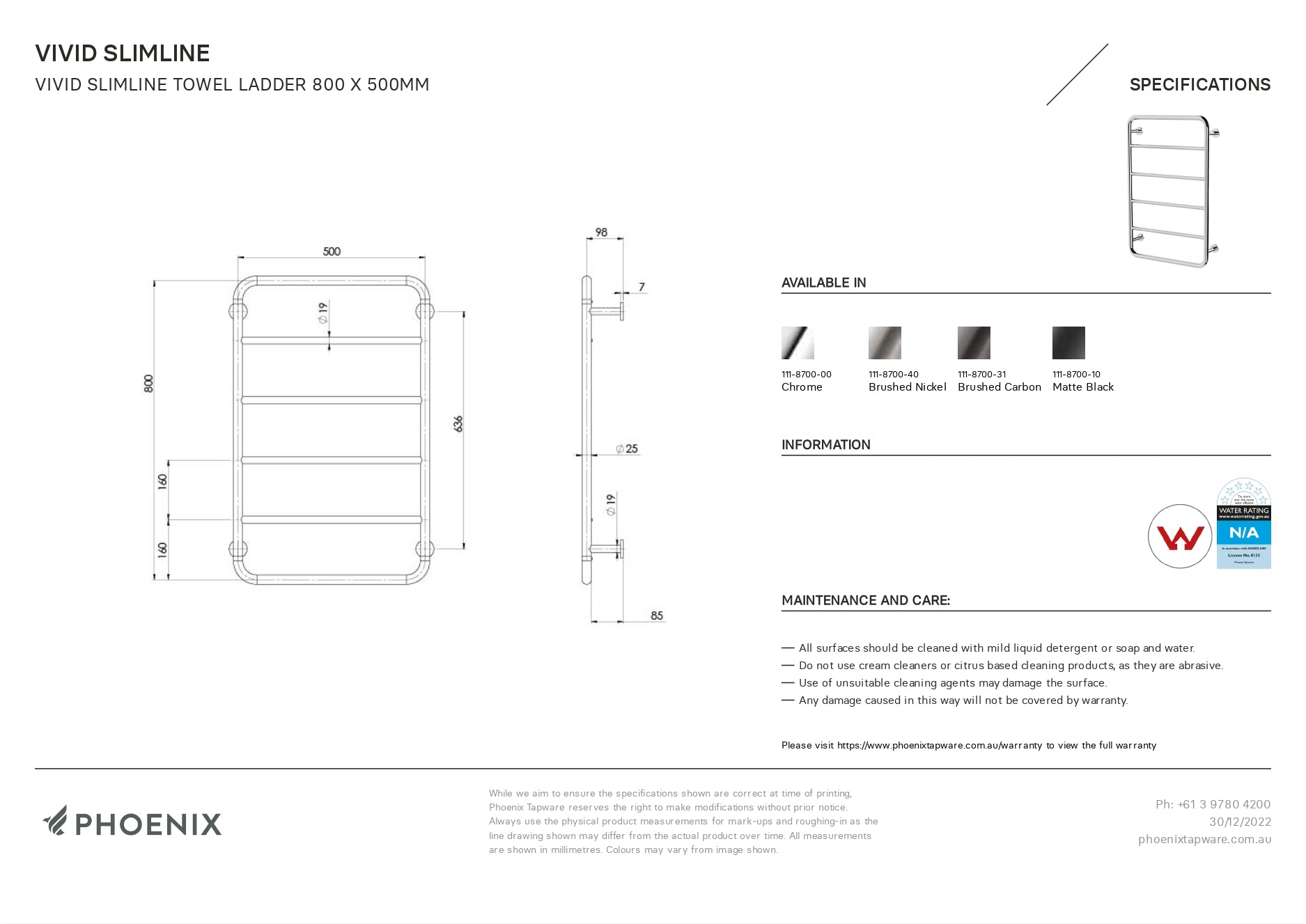 PHOENIX VIVID SLIMLINE NON-HEATED TOWEL LADDER CHROME 800MM X 500MM
