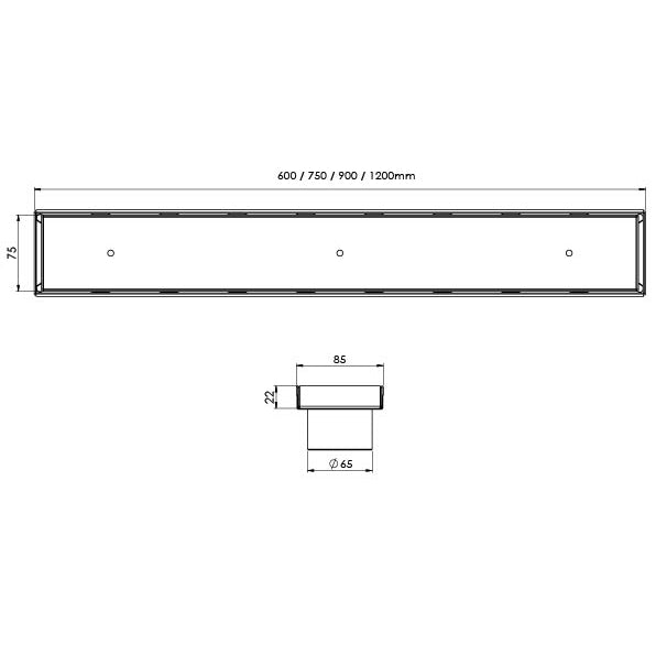 PHOENIX FLAT STAINLESS STEEL 65MM CHANNEL DRAIN TI 75MM OUTLET 600MM, 750MM, 900MM AND 1200MM