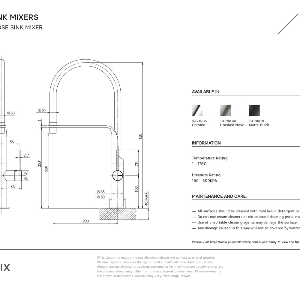 PHOENIX VIDO LEAD FREE FLEXIBLE HOSE SINK MIXER 450MM BRUSHED NICKEL