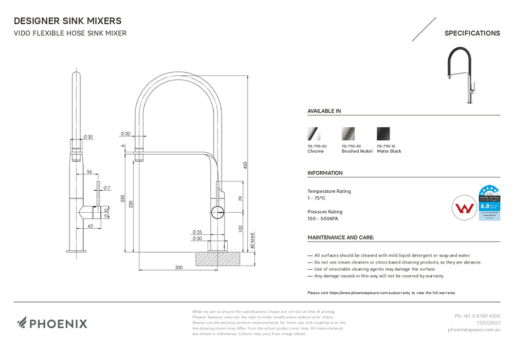 PHOENIX VIDO FLEXIBLE HOSE SINK MIXER 450MM BRUSHED NICKEL