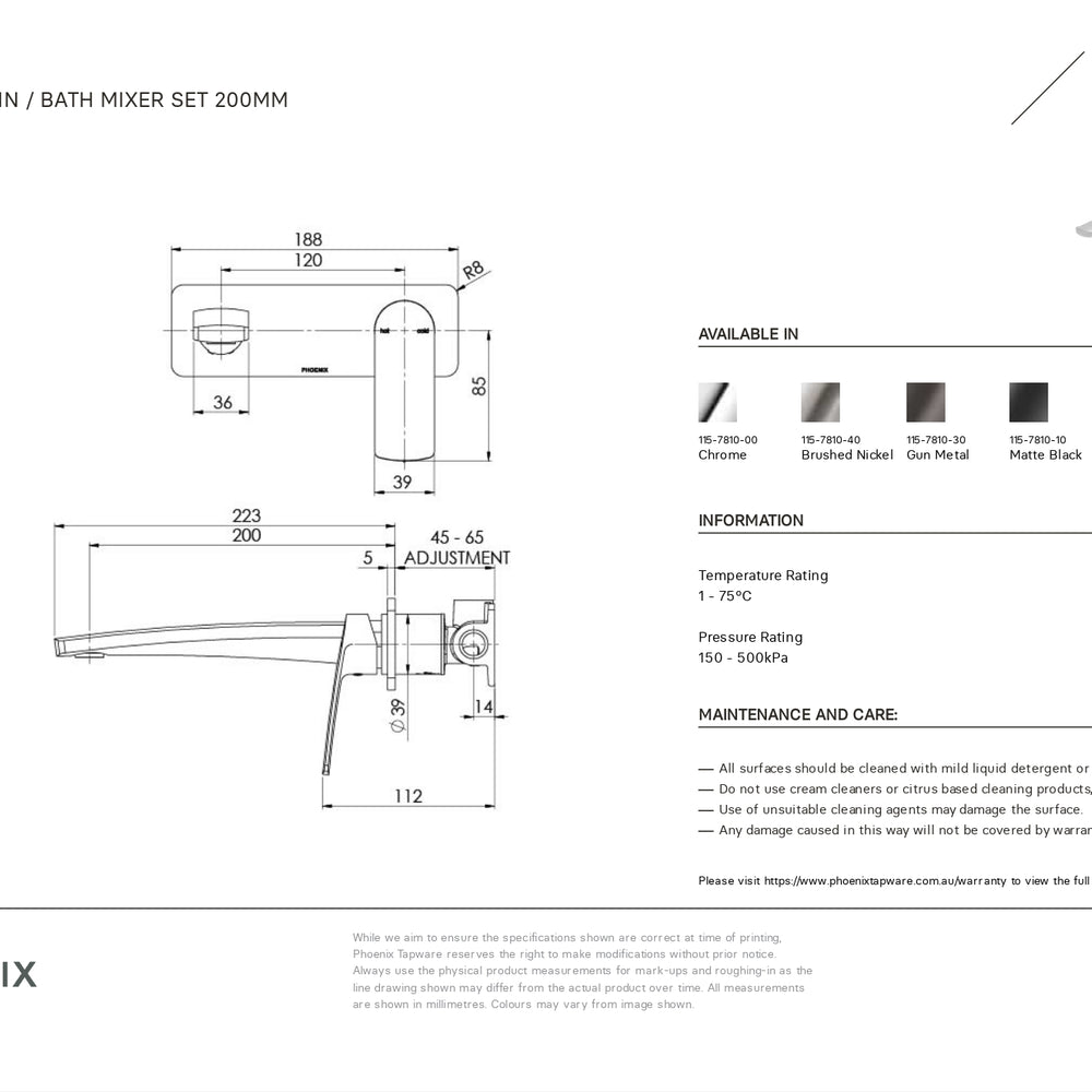PHOENIX MEKKO WALL BASIN BATH MIXER SET 200MM BRUSHED NICKEL