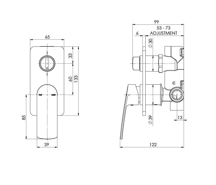 PHOENIX MEKKO SHOWER / BATH DIVERTER MIXER 133MM MATTE BLACK