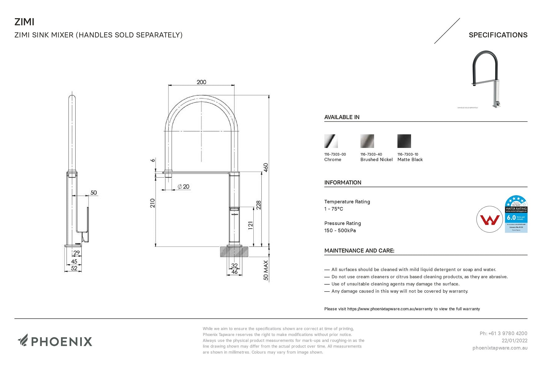 PHOENIX ZIMI SINK MIXER 460MM MATTE BLACK