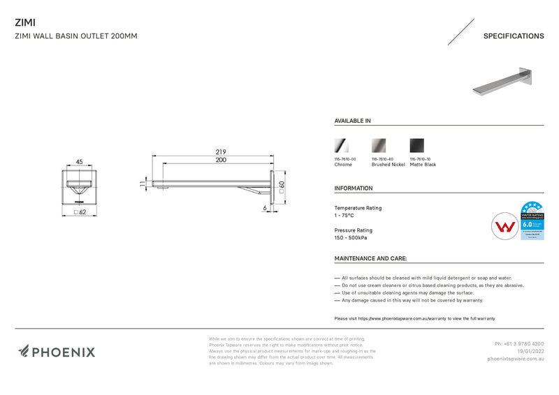 PHOENIX ZIMI WALL BASIN OUTLET 200MM MATTE BLACK
