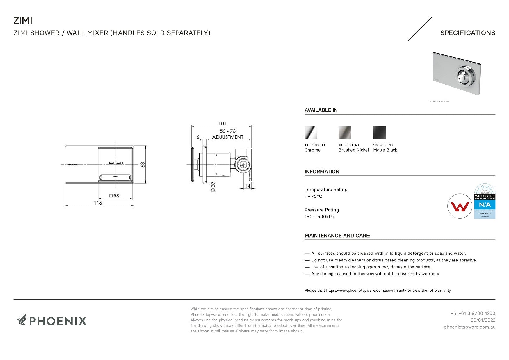 PHOENIX ZIMI SHOWER / WALL MIXER 116MM MATTE BLACK