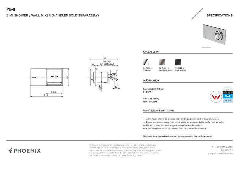 PHOENIX ZIMI SHOWER / WALL MIXER MATTE BLACK