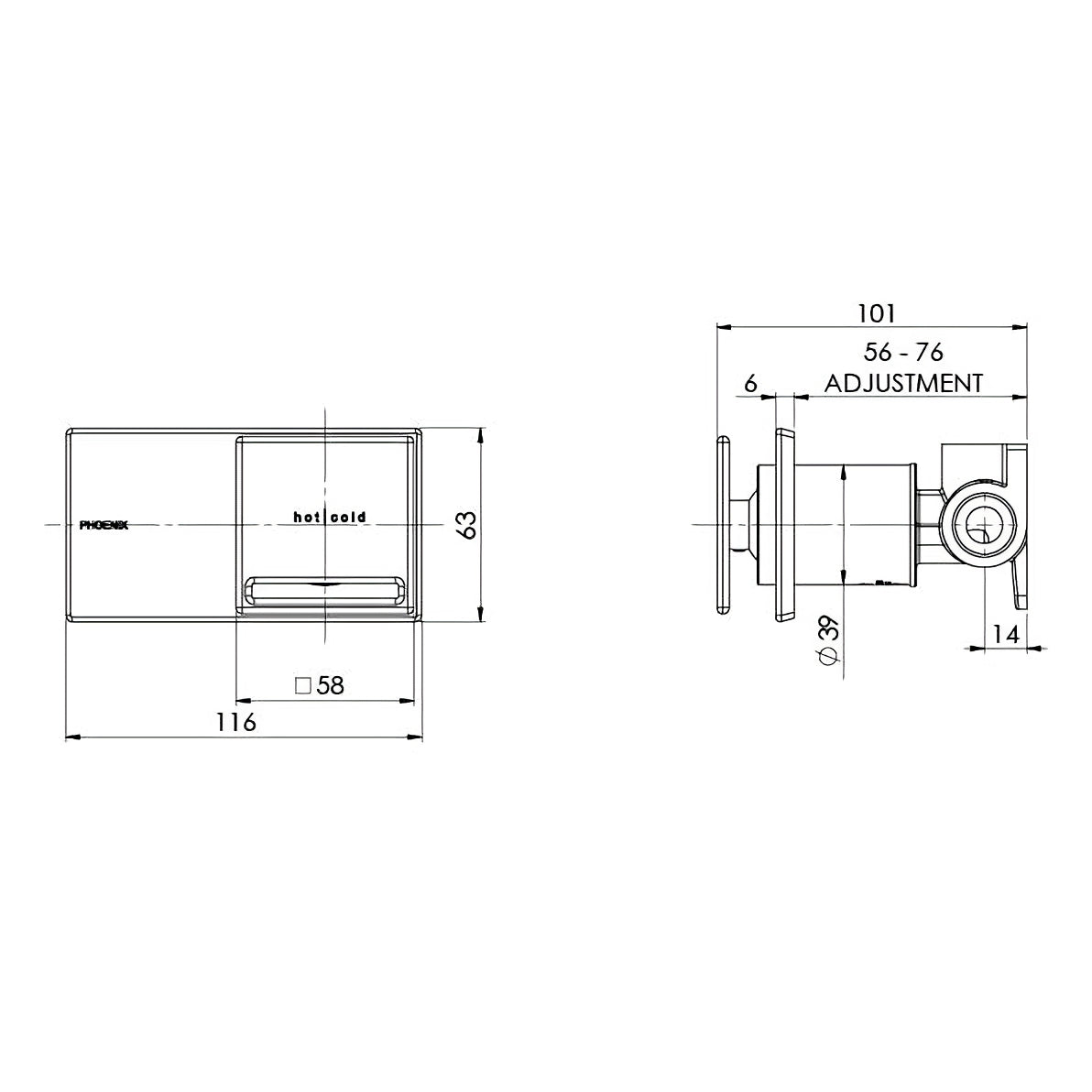 PHOENIX ZIMI SHOWER / WALL MIXER 116Mm BRUSHED NICKEL