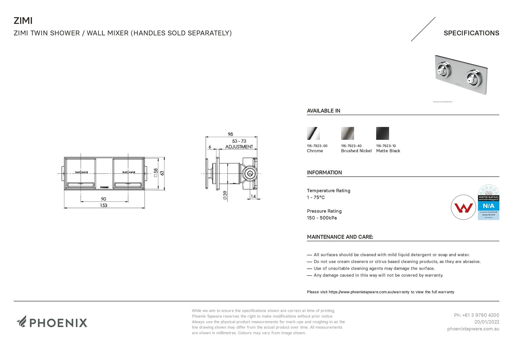 PHOENIX ZIMI TWIN SHOWER / WALL MIXER 153MM MATTE BLACK