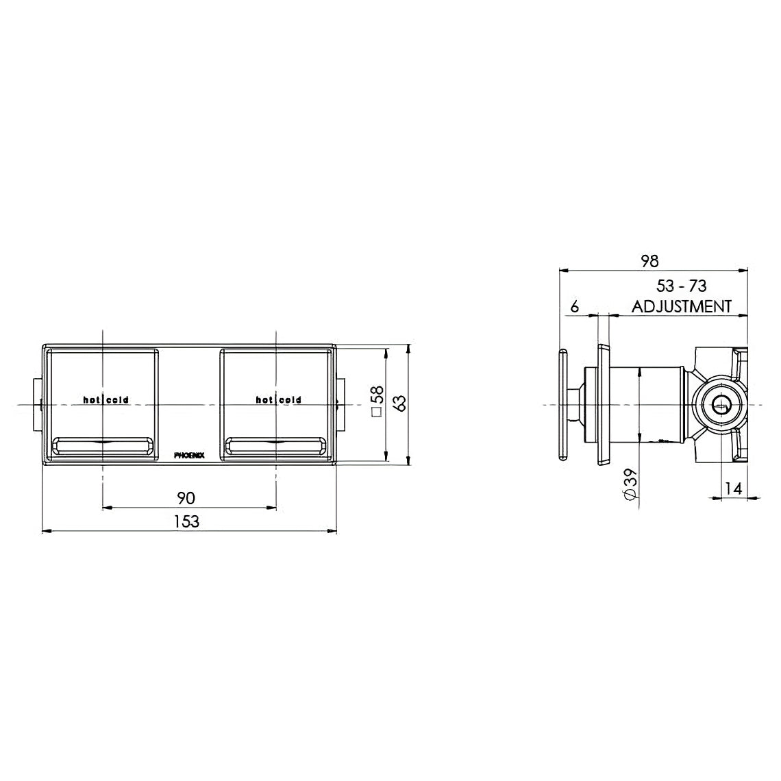 PHOENIX ZIMI TWIN SHOWER / WALL MIXER 153MM BRUSHED NICKEL