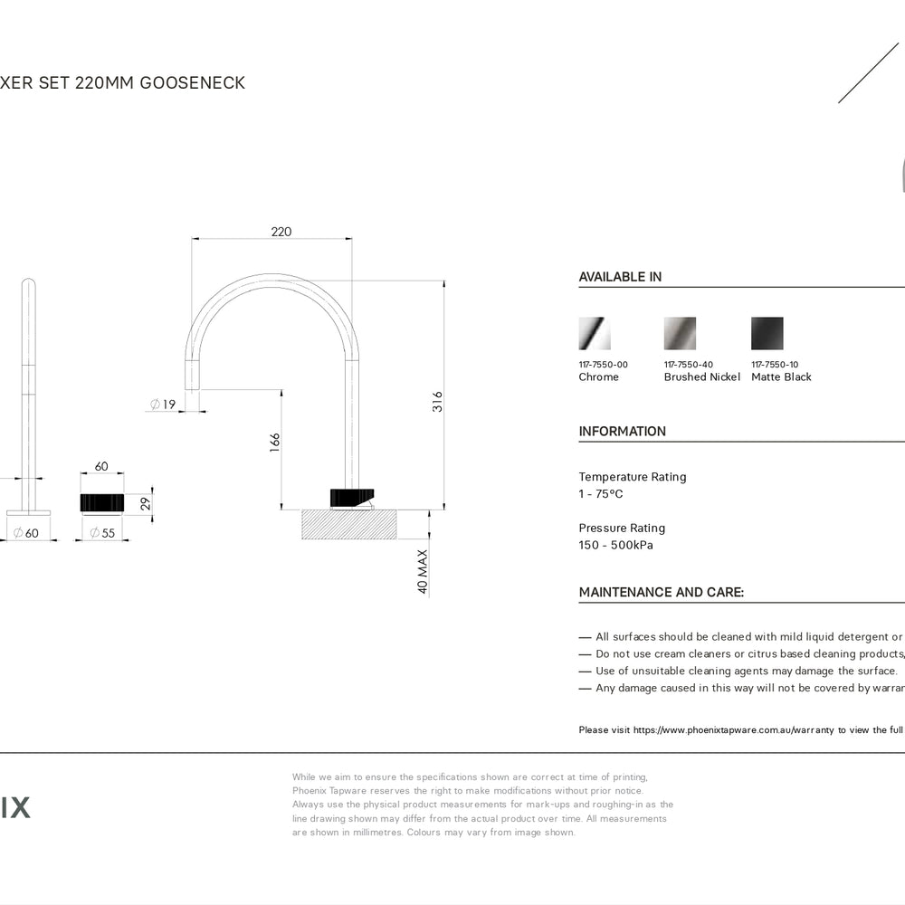 PHOENIX AXIA HOB GOOSENECK LEAD FREE SINK MIXER SET 316MM BRUSHED NICKEL