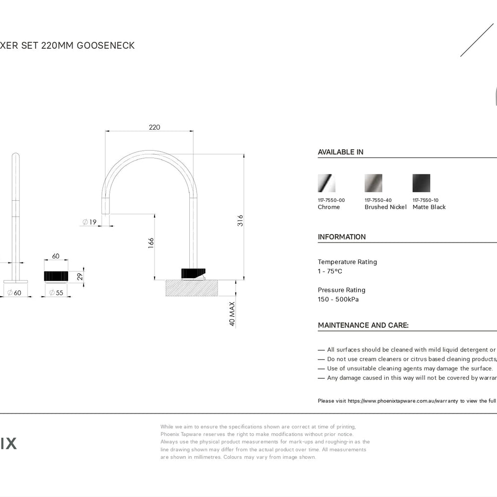 PHOENIX AXIA HOB SINK MIXER SET 316MM GOOSENECK CHROME