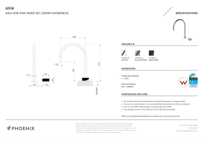 PHOENIX AXIA HOB SINK MIXER SET 220MM GOOSENECK MATTE BLACK