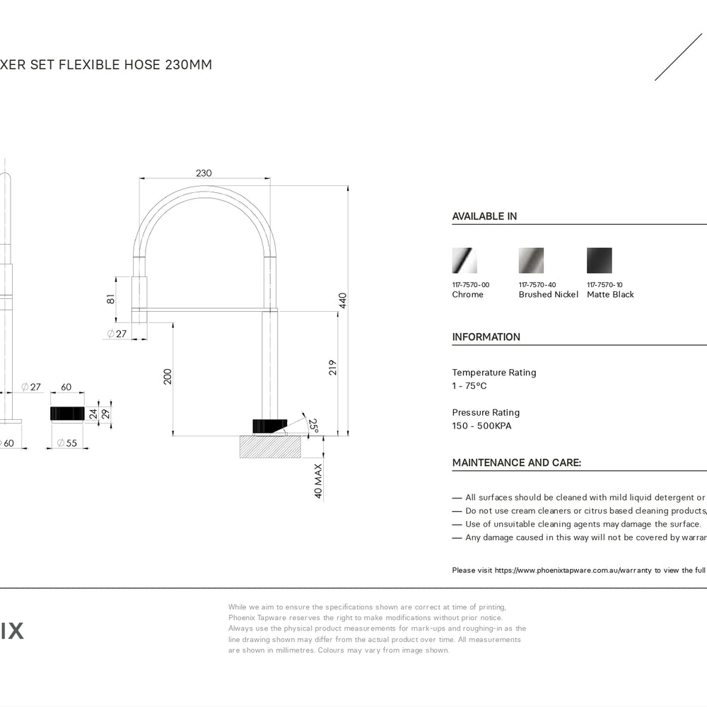 PHOENIX AXIA HOB SINK MIXER SET FLEXIBLE HOSE 440MM MATTE BLACK