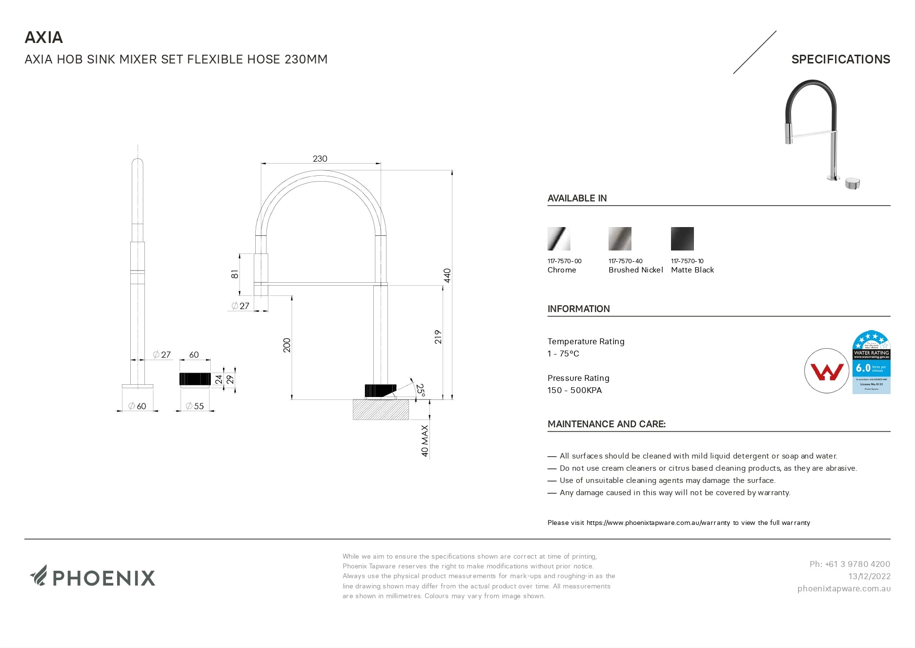 PHOENIX AXIA HOB SINK MIXER SET FLEXIBLE HOSE 440MM MATTE BLACK