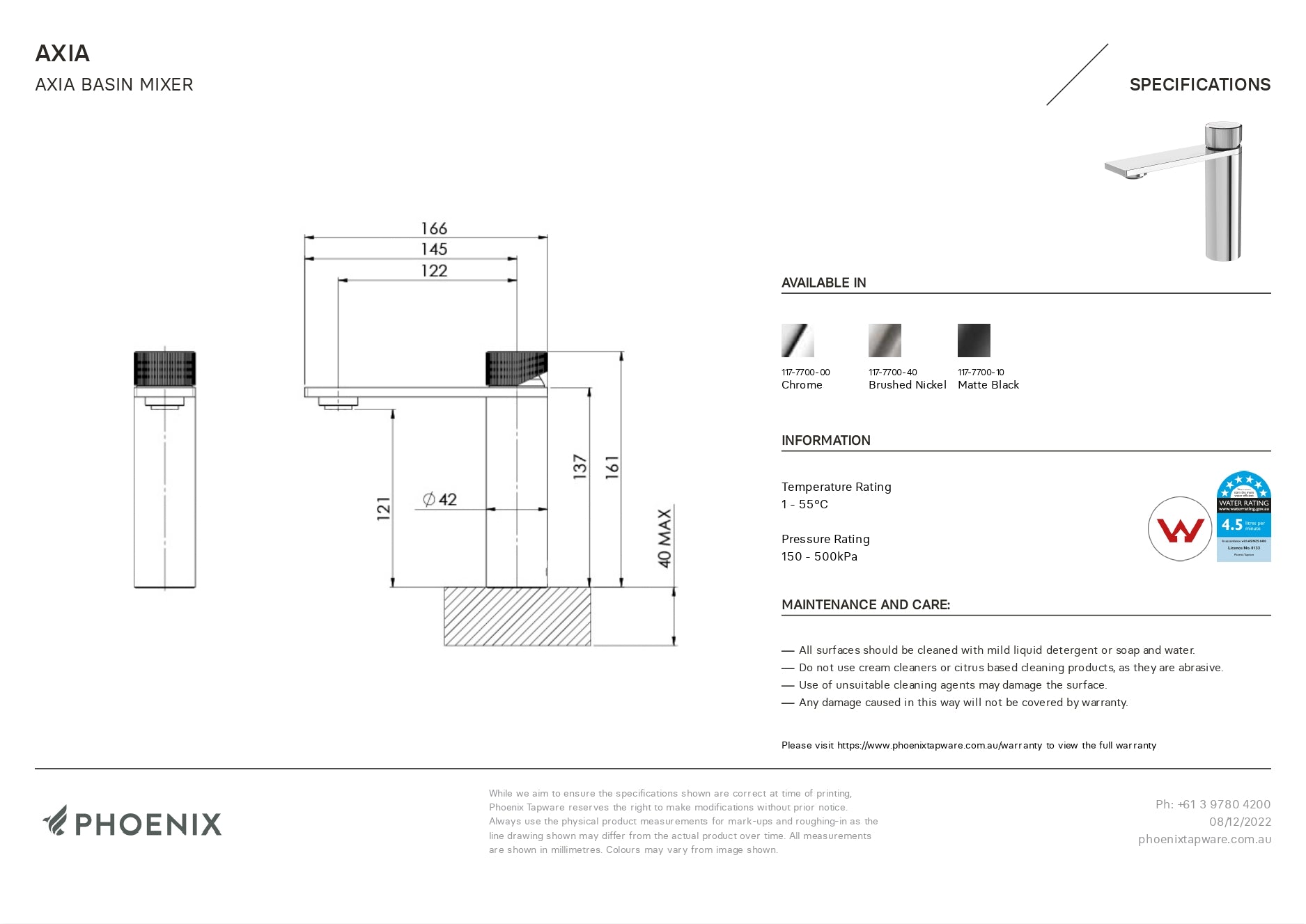 PHOENIX AXIA BASIN MIXER MATTE BLACK