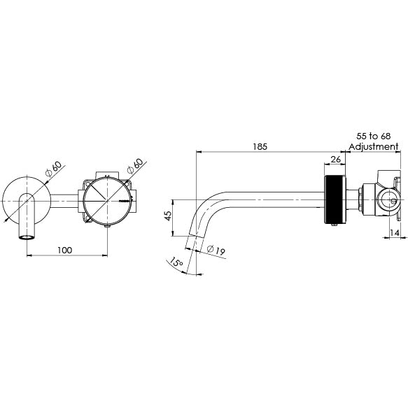 PHOENIX AXIA WALL BASIN BATH CURVED OUTLET MIXER SET 180MM BRUSHED NICKEL