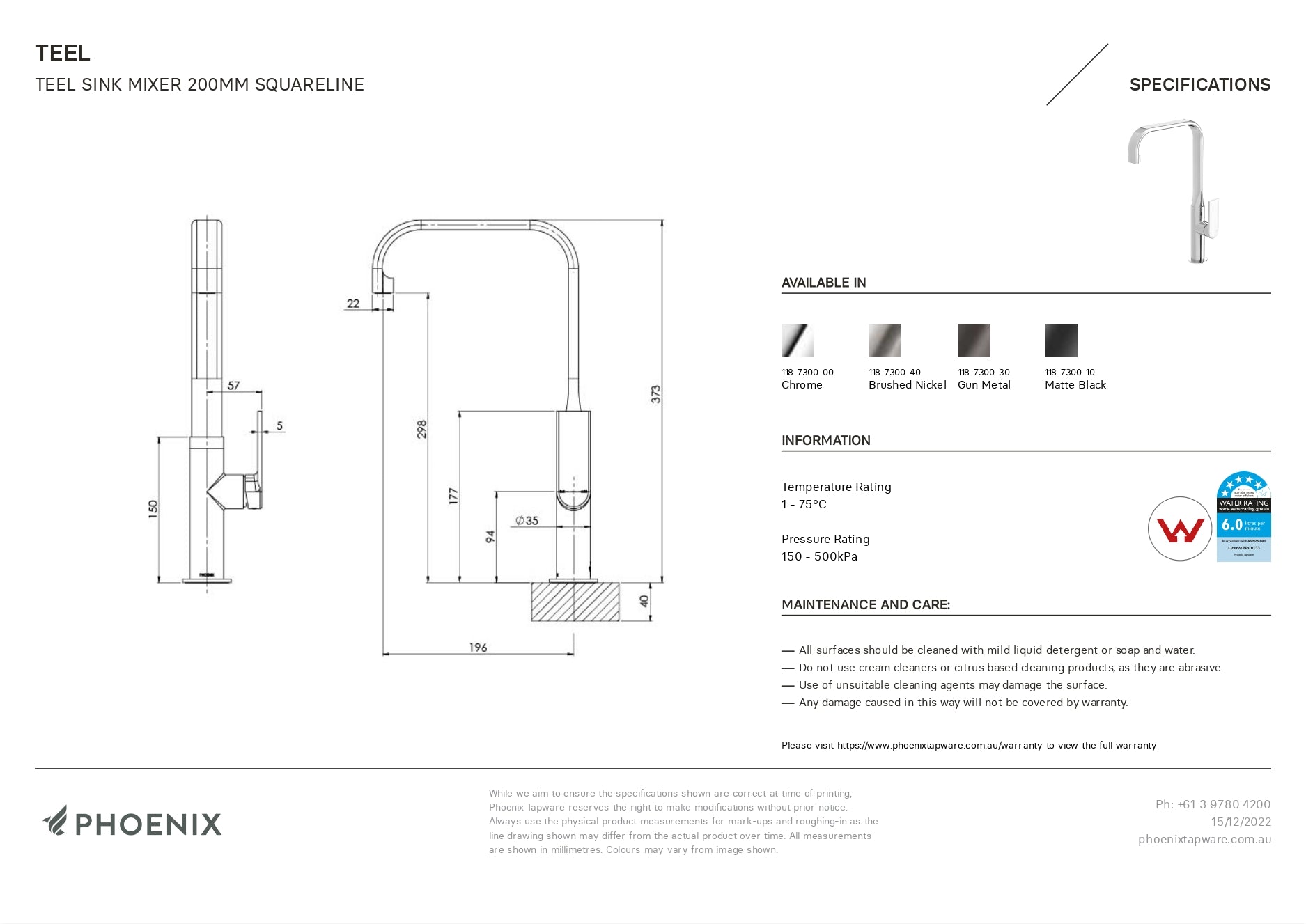 PHOENIX TEEL LEAD FREE SQUARELINE SINK MIXER 373MM CHROME