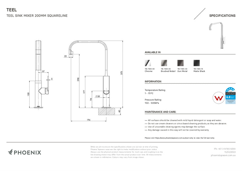 PHOENIX TEEL SINK MIXER 200MM SQUARELINE CHROME