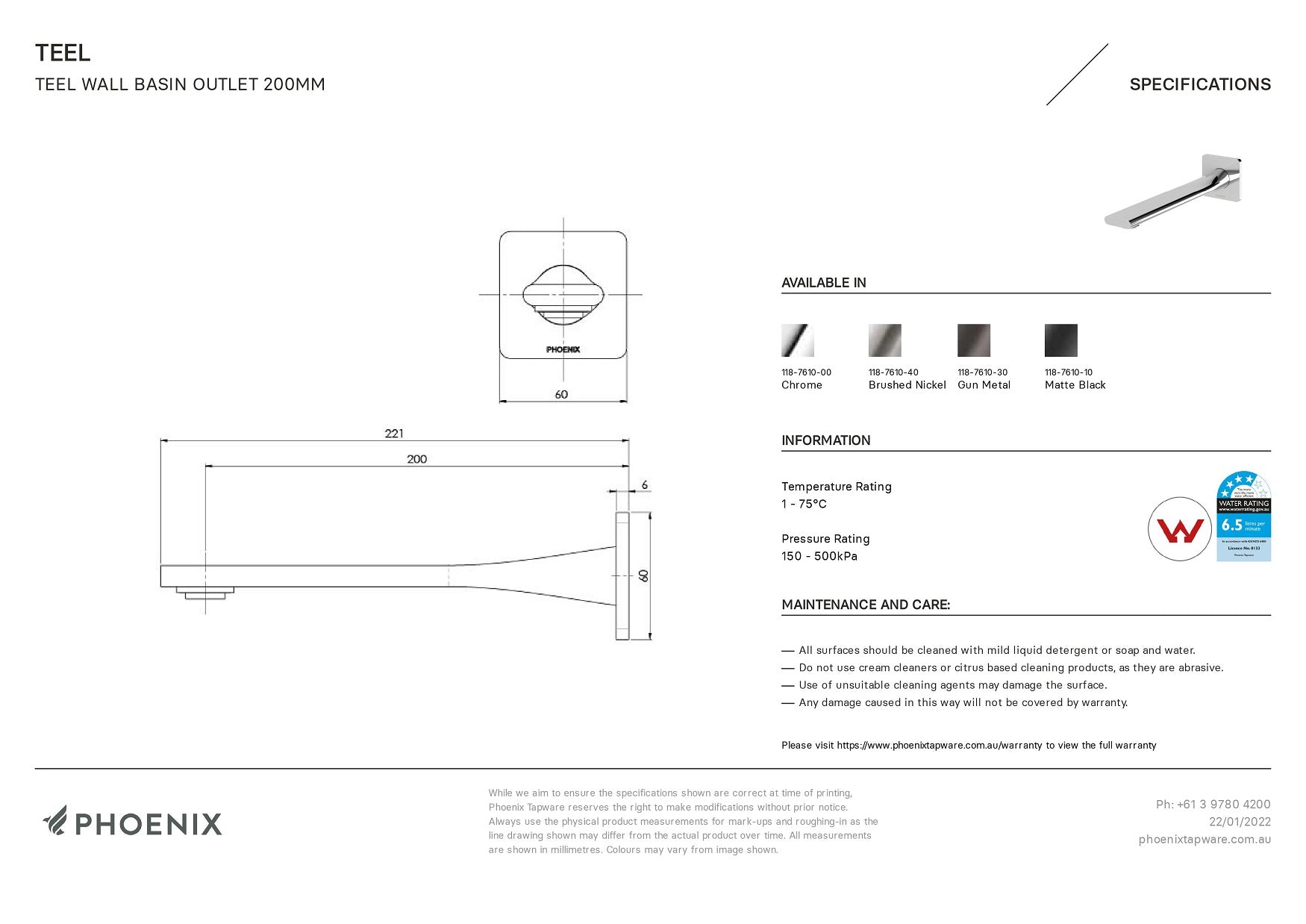 PHOENIX TEEL WALL BASIN OUTLET 200MM CHROME