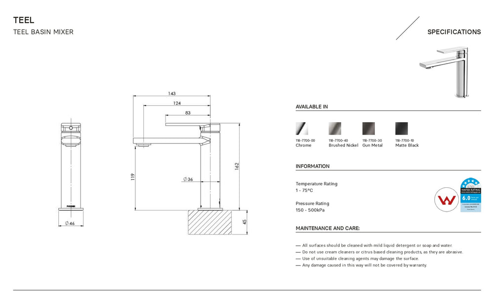 PHOENIX TEEL BASIN MIXER 162MM BRUSHED NICKEL