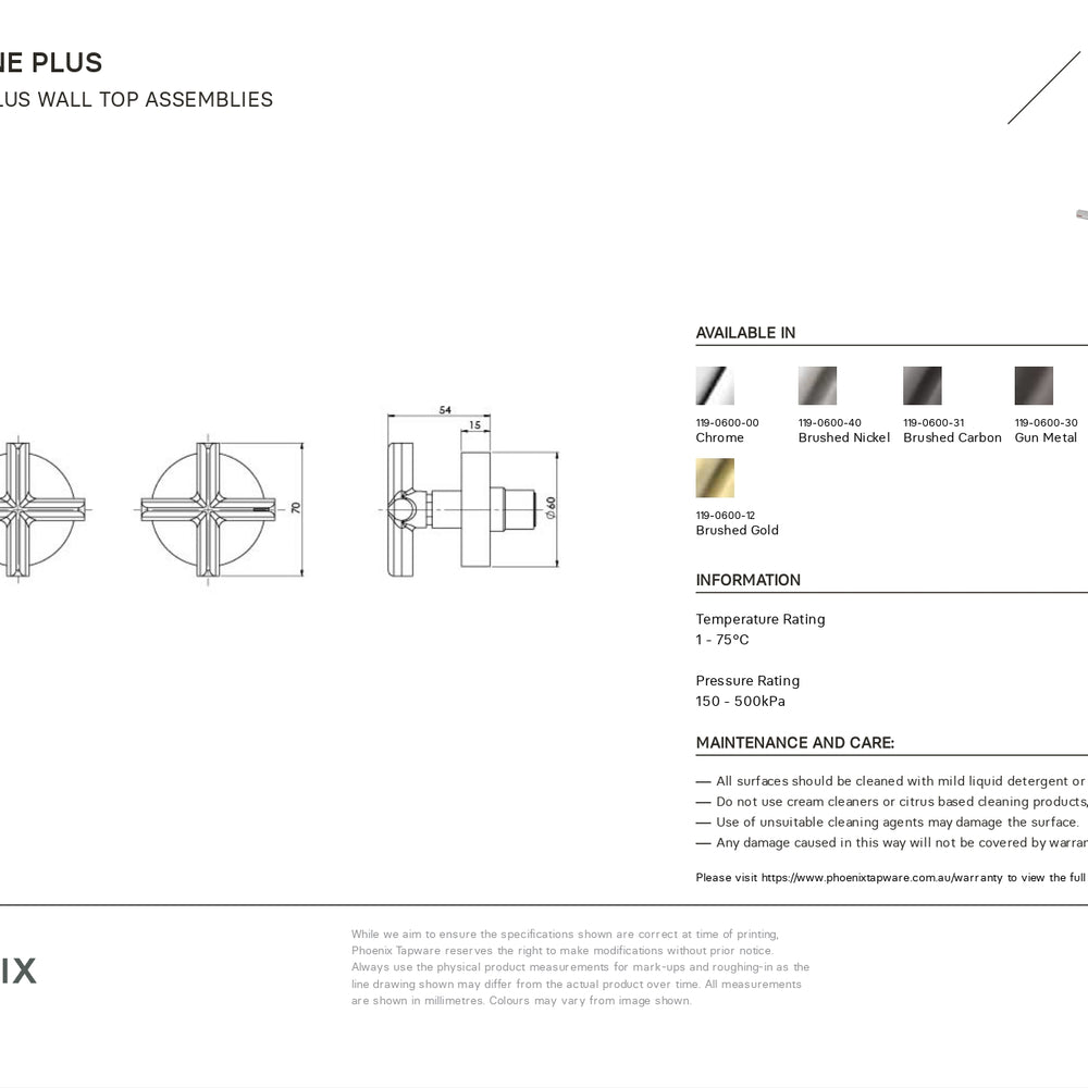 PHOENIX VIVID SLIMLINE LEAD FREE PLUS WALL TOP ASSEMBLIES BRUSHED NICKEL