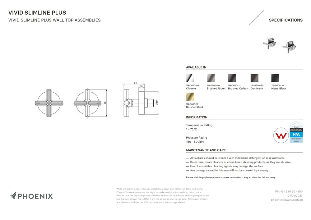 PHOENIX VIVID SLIMLINE PLUS WALL TOP ASSEMBLIES BRUSHED NICKEL