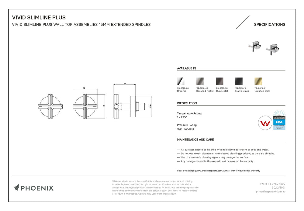 PHOENIX VIVID SLIMLINE PLUS WALL TOP ASSEMBLIES EXTENDED SPINDLES BRUSHED NICKEL